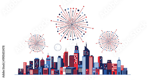 vector city skyline with fireworks display, urban landscape illustration, for website or banner, patriotic celebration background
