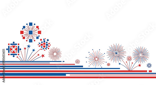 Red, white, and blue firework explosion vector graphics, patriotic banner or poster element, 4th of July celebration design, overlay effect for website or social media, Isolated.