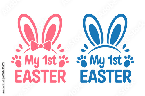 Two colorful 'My 1st Easter' illustrations feature bunny ears and paw prints.