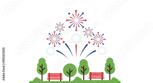 Vector illustration of red benches and trees with patriotic fireworks explosion, for banner or poster