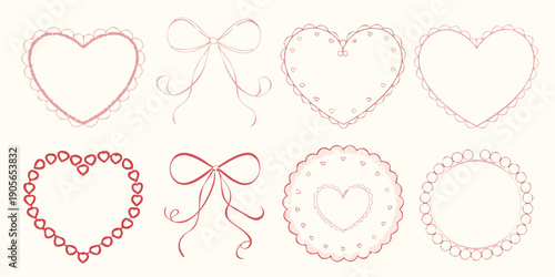 Collection of hand drawn pink heart and floral doodle shapes