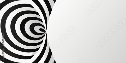 Optical illusion featuring swirling black and white stripes with empty space