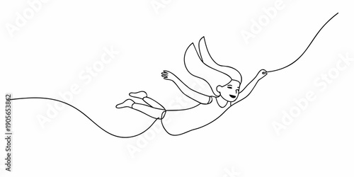 A minimalist line drawing depicts a figure seemingly flying or falling