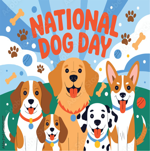 card, dog, illustration, cute, happy, design, celebration, vector, national, puppy, pet, poster, background, cartoon, banner, international, graphic, event, adorable, greeting, love, concept, text, 