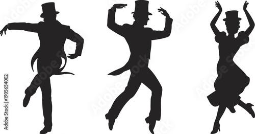 Vintage dancer silhouette poses set, elegant male and female cabaret style dance movement, classic performance art, black shadow illustration, isolated white background