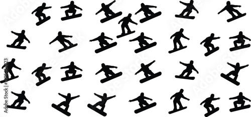 Snowboarder silhouette jumping poses set, freestyle winter sport tricks and motion sequence, extreme snowboarding action, black shadow illustration