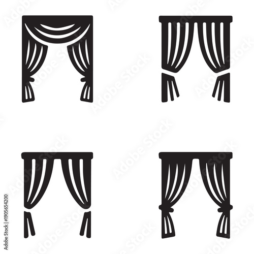 Open curtain theater stage show opening silhouette vector illustration with decorative drapery design