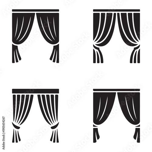 Open curtain window drape reveal silhouette vector illustration with interior decoration style