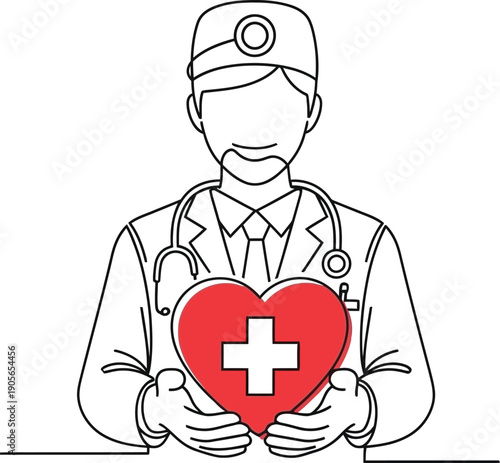 Medical professional skillfully presenting a bright red heart symbol featuring a prominent white cross representing dedicated cardiovascular care and healthy living