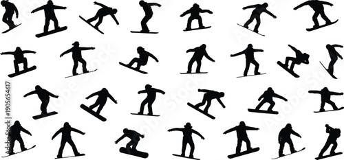 Snowboarder silhouette action poses set, extreme winter sport tricks and jumps, dynamic motion collection, black shadow illustration, isolated white background