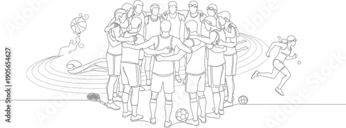 Diverse athletes gather closely in a unified circle symbolizing teamwork and the spirit of various sports including running and ball games