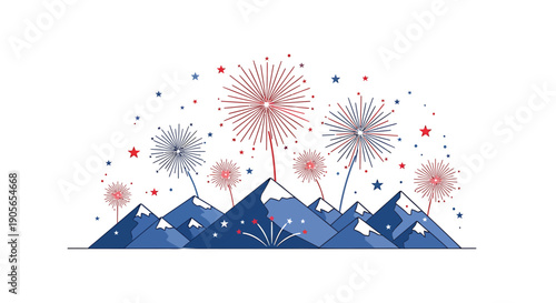 vector fireworks display over mountain range, red white and blue explosion, patriotic celebration, for banner or poster, Isolated on transparent background, png