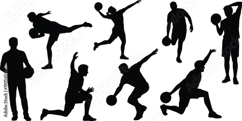 Basketball player silhouette collection dribbling, shooting and jumping with ball isolated on white background, sports action set for design