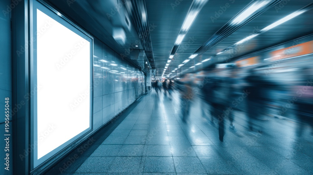 Obraz premium People walking in subway station with advertising board