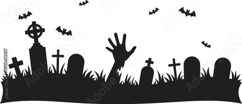 Spooky graveyard silhouette scene with tombstones, zombie hand rising, flying bats, Halloween horror concept, black shadow illustration background