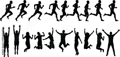 Running and jumping people silhouette set athletes jogging exercising celebrating active lifestyle black vector illustration