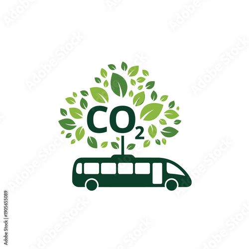 Green transportation concept with a bus emitting CO2 represented as a cloud of leaves, symbolizing eco-friendly travel and reduced carbon footprint