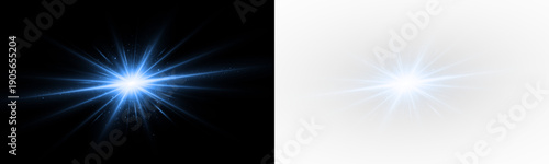 Glowing beam of light, sunlight, burst, and blue starlight. Bright lens flare, sparkling rays, shiny energy in abstract space.