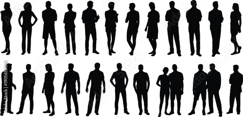 People silhouette collection showing men and women standing in different poses, casual lifestyle human figures, group diversity vector illustration