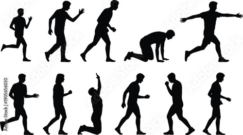 Running and walking people silhouette set showing male motion poses, sports exercise actions, dynamic human movement vector illustration