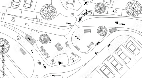Top view urban park and street map illustration with walking people, cycling paths, parking areas, and trees in minimal line style