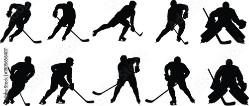 Collection of ice hockey player and goalie silhouettes in action poses isolated on white background for sports graphics and branding design