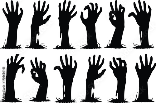 Zombie hands silhouette set emerging from ground, horror gesture collection, spooky undead arm shapes, Halloween vector illustration, dark creepy design