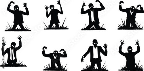 Zombie man silhouette set emerging from ground, horror undead characters collection, spooky Halloween monster poses, dark vector illustration