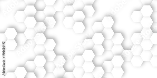 A subtle hexagon pattern background with interconnected shapes in soft gray and white. Simple abstract modern background White geometric hexagonal honeycomb shape texture background 3d copy space.