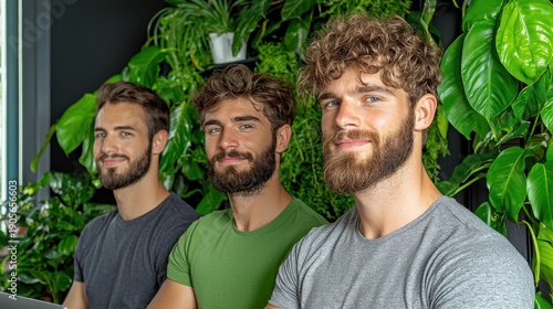 Three Men Smiling Against Vibrant Green Plant Wall