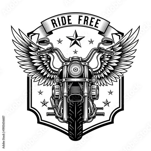 Motorcycle with Wings and Ride Free Banner Emblem.