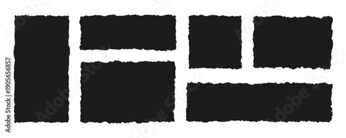 Torn paper pieces frame set, ragged memory sheets with uneven edges, square and rectangle with jagged edges, checkered edges, torn paper shape for collage, text boxes, banners