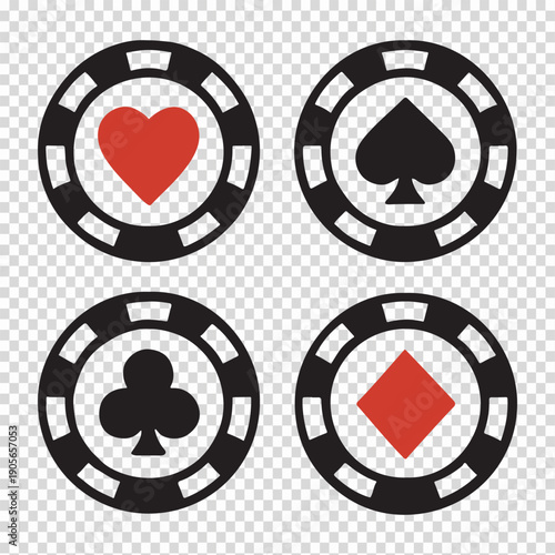 Casino poker chips with heart, spade, club, diamond symbols