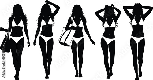 Vector, black, silhouette, illustration, set, of, various, beautiful, women, wearing, bikinis, and, holding, beach, bags, for, summer, vacation, travel, and, swimwear, fashion, design, 