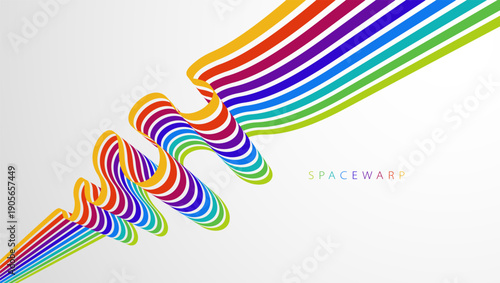 Rainbow colored lines in 3D perspective vector abstract background, curve stripes tapes happy positive emotion wallpaper, joyful warped ribbon.
