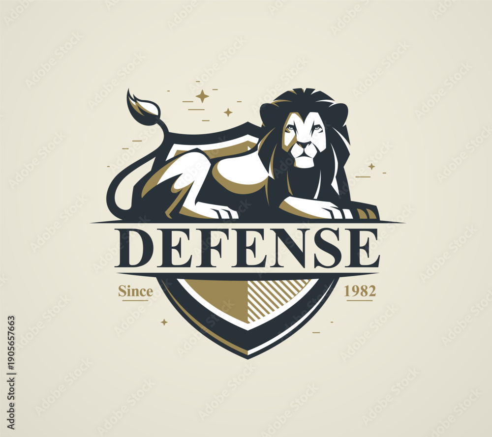 Fototapeta premium Heraldic lion guardian vector emblem symbolizing protection, security and reliability, designed as a classic shield logo for brands focused on safety, defense, trust and strength.