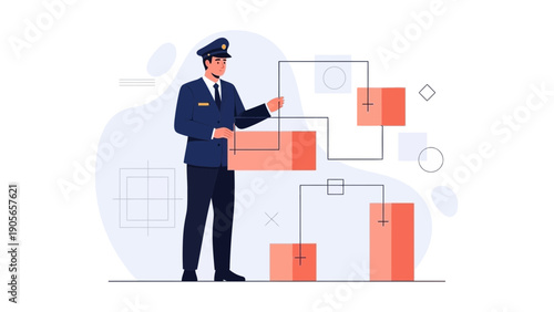 Customs Officer Inspecting Cargo Boxes with Geometric Shapes and Blueprint