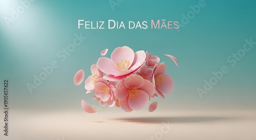 3D rendering of an elegant Mother’s Day composition featuring soft pink flowers arranged in a modern organic bouquet shape, floating above a pastel beige surface with a smooth turquoise 