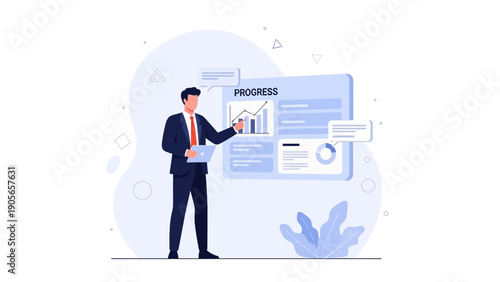 Businessman presenting progress report with charts and graphs on screen