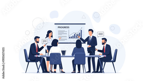 Business Meeting: Team Discussing Growth Chart and Progress Report