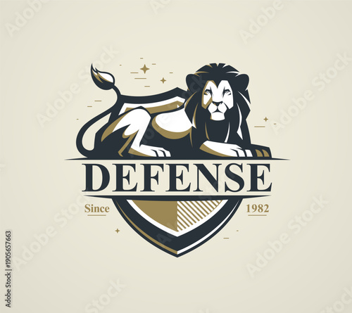 Heraldic lion guardian vector emblem symbolizing protection, security and reliability, designed as a classic shield logo for brands focused on safety, defense, trust and strength.