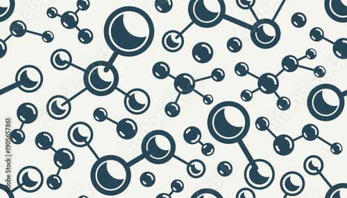 Molecules seamless background, vector tiling endless repeat pattern with different molecules, chemistry and pharmacology theme, elements easy to use separately as an icons or illustrations.