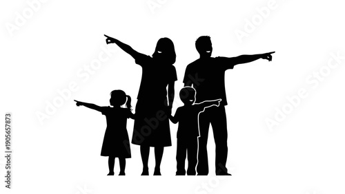 Vector illustration of black human silhouettes featuring a family with children and a dancing woman capturing the passion of music, sport, and the evolution of the human body in art