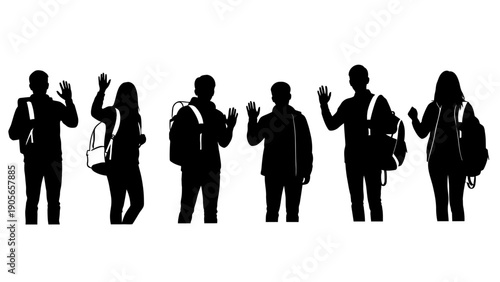 A professional vector illustration of a standing business team and diverse crowd silhouettes including a businessman and woman working together in a corporate office meeting
