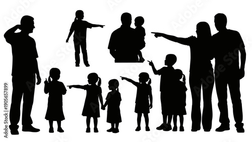 A diverse group of business people, families with children, and walking crowds are depicted in these black vector silhouette illustrations of men, women, and teams standing or meeting as shadows.