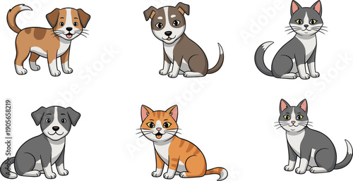 Cute cartoon dog and cat characters set, friendly pets illustration for kids, stickers, mascots, animal design