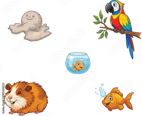 Cute cartoon animal set with parrot, fish, guinea pig and seal characters, colorful kids illustration for stickers, mascots
