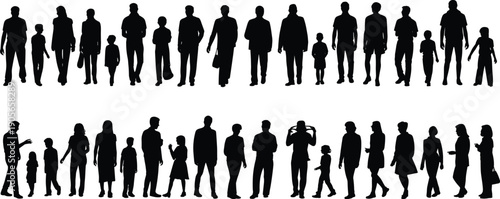 People silhouettes collection, men women children walking standing poses, crowd diversity concept, human figures set, isolated black shapes