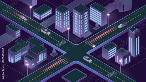 Urban grid illustration depicting interconnected transportation networks and futuristic smart city architecture with glowing light trails for modern infrastructure concepts, highlighting digital.