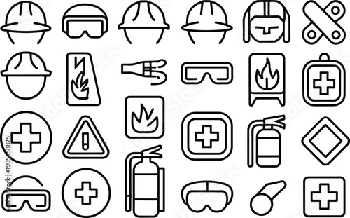 Outline safety construction icon set with helmet goggles gloves fire extinguisher first aid symbols